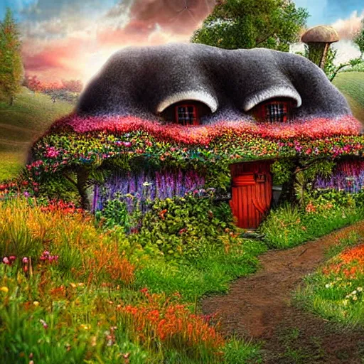Prompt: Realistic digital art of fantasy mushroom cottage village on a colorful meadow