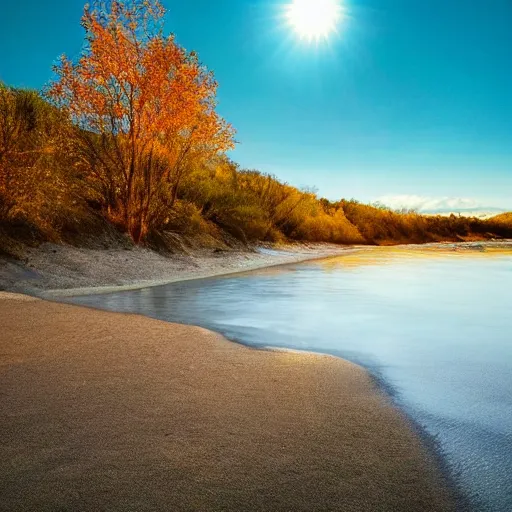 Image similar to photo of a sandy beach along a small clear river in autumn, blue sky with some clouds, beautiful lighting, bright colors, blurry shadows, award winning photography, national geographic