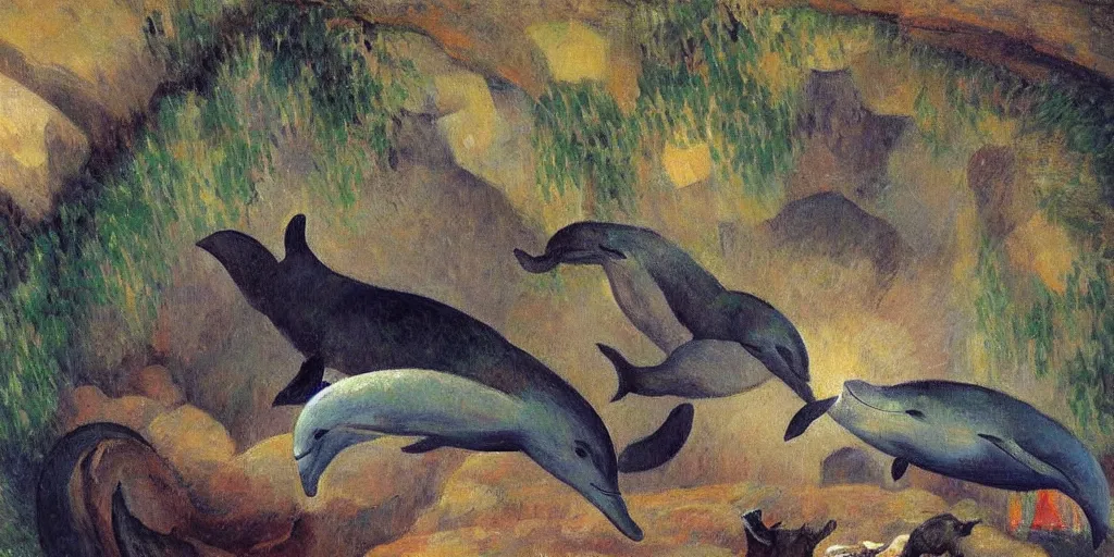 Image similar to dolphin and cat in a cave, expressive oil painting by christopher radlund and camille pissaro