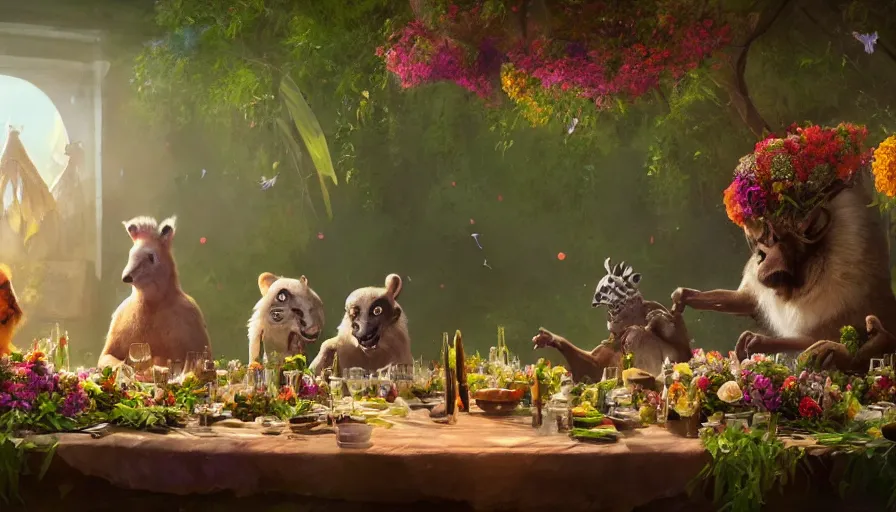 Image similar to a table dinner of exotic animals where animals are dressed like the characters from the midsommar movie wearing flowers, realistic detailed digital art by maxwell boas jessica rossier christian dimitrov anton fadeev trending on artstation cgsociety rendered in unreal engine 4 k hq