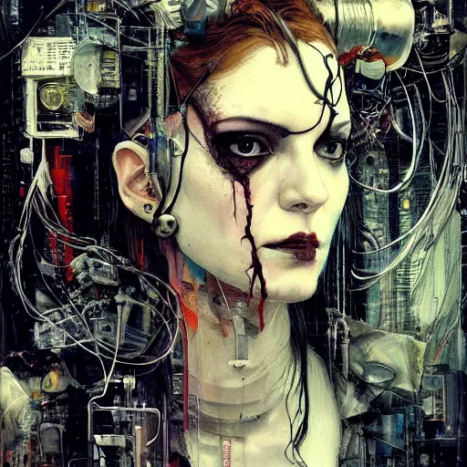 Image similar to rona mitra as a cyberpunk noir detective, skulls, wires cybernetic implants, machine noir grimcore, in the style of adrian ghenie esao andrews jenny saville surrealism dark art by james jean takato yamamoto and by ashley wood