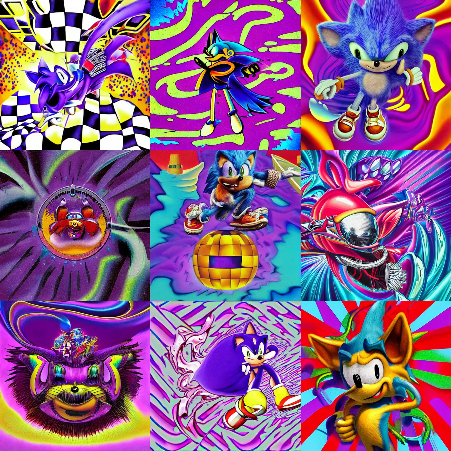 Prompt: surreal, faded, totally radical detailed professional, high quality airbrush art MGMT album cover of a liquid dissolving LSD DMT sonic the hedgehog on a flat purple checkerboard plane, 1990s 1992 prerendered graphics raytraced phong shaded album cover