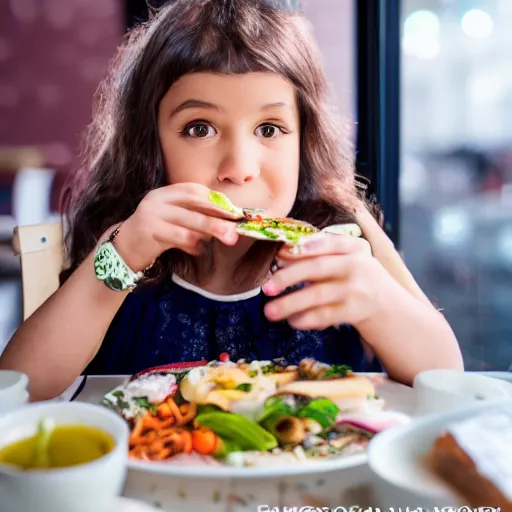 Image similar to food photography of a girl eating at a restaurant, taken with canon eos - 1 d x mark iii, bokeh, sunlight, studio 4 k