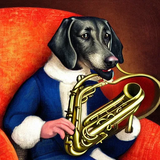 Prompt: dog playing the saxophone, sitting on the couch, medieval portrait, close up