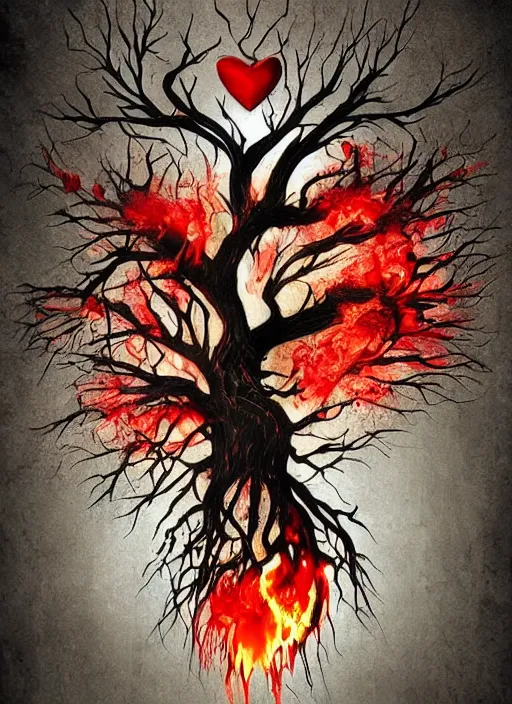 Prompt: dripping heart in fire ❤🔥 with roots growing above it, sadness, dark ambiance, concept by godfrey blow and banksy, featured on deviantart, sots art, lyco art, artwork, photoillustration, poster art, black and red