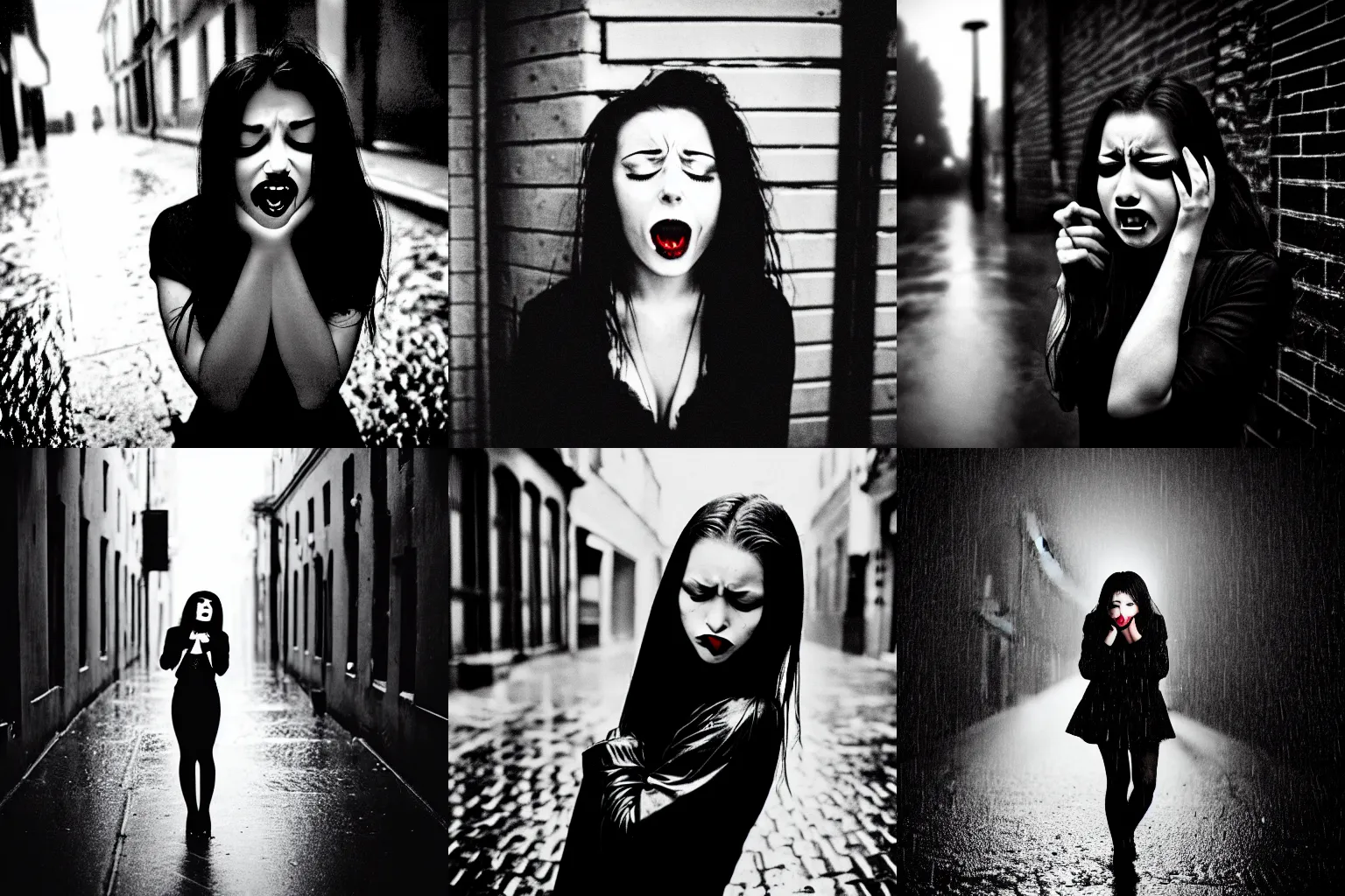 Prompt: beautiful female vampire crying in a rainy alley at night, black and white photograph, album cover