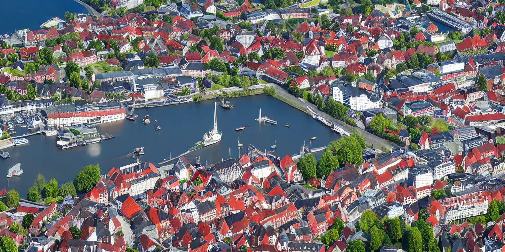 Prompt: a photograph of the German city Kiel as seen from above, aerial perspective, miniature look