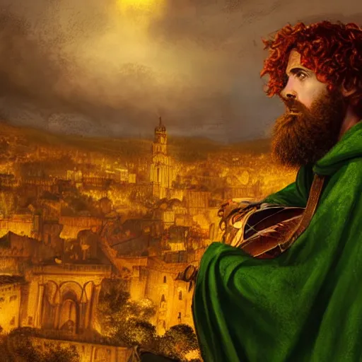 Prompt: a rugged man with curly red hair wearing a green cloak playing a lute sitting on a roof top, medieval setting, entire city visible, zoomed out, night, atmospheric lighting, painted, intricate, volumetric lighting, beautiful, rich deep colours masterpiece, golden hour, digital art