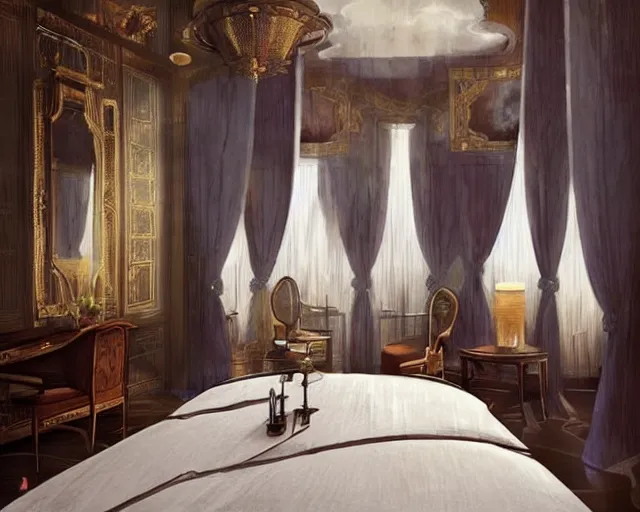 Image similar to a luxury hotel! suite room in the style of imperial! china, art by greg rutkowski and artgerma, stunning! concept art, interior! design