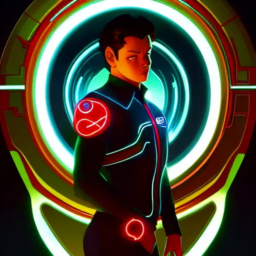 Image similar to tron, wearing a red polo shirt, a video game store setting, intricate, headshot, highly detailed, digital painting, artstation, concept art, sharp focus, cinematic lighting, illustration, art by artgerm and greg rutkowski, alphonse mucha, cgsociety, edward hopper