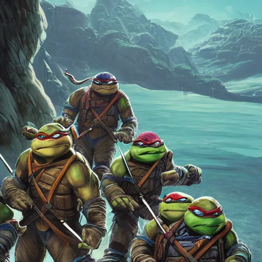 Image similar to portrait of the teenage mutant ninja turtles chilling at the mountains, moebius, greg rutkowski, zabrocki, karlkka, jayison devadas, phuoc quan, trending on artstation, 8 k, ultra wide angle, video game graphics, realistic unreal engine 3 d game, zenith view, cyberpunk pincushion lens effect