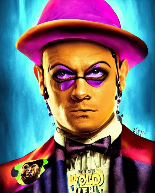 Prompt: Rey Mysterio as Willy Wonka, digital illustration portrait design, detailed, cinematic lighting, dynamic portrait