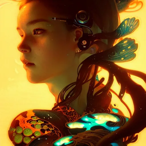 Image similar to Portrait of a cyborg girl surrounded by glowing Koi fish, face, fantasy, intricate, elegant, highly detailed, digital painting, artstation, concept art, smooth, sharp focus, illustration, art by Krenz Cushart and Artem Demura and alphonse mucha