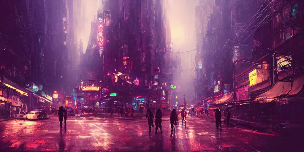 Image similar to fisheye lens shot of tech - noir dystopian city, streets, meteors in the sky, incandescent lights, neon signs, people walking, peter morbacher, ross tran, greg rutkowski, intricate details, extravagant, trending on artstation, cinematic lighting, digital painting, sharp focus, no blur, octane render, artgerm