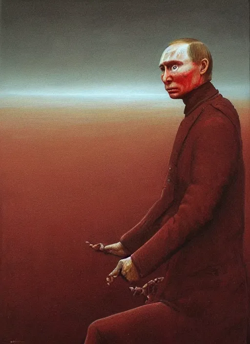 Image similar to Painting in a style of Beksinski featuring Vladimir Putin. Suffering and pain