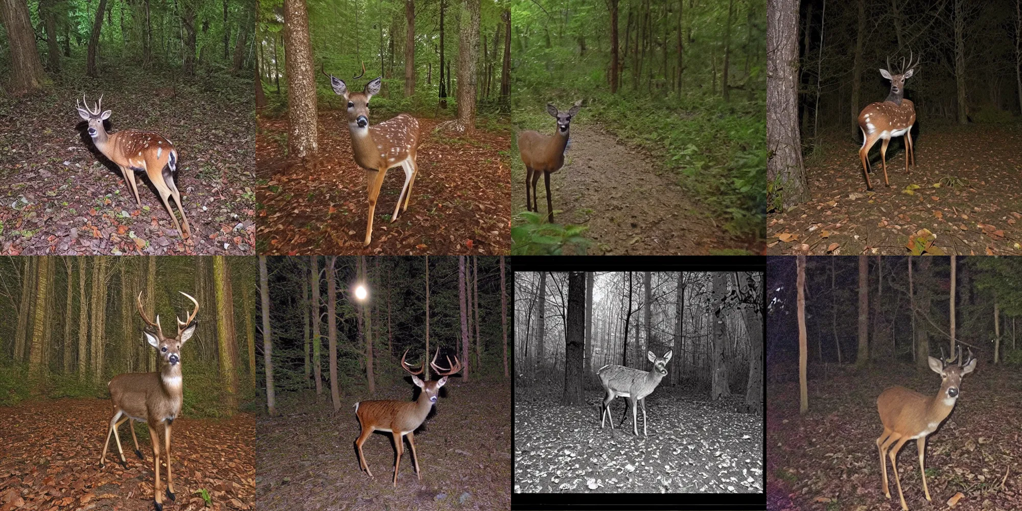 Prompt: trail camera photo of a deer at night in the forest. obscurity. darkness!!!. flash light. red eyes