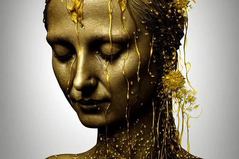 Prompt: a sculpture of a person with flowing golden tears, fractal plants and fractal flowers on the skin, intricate, veins, a marble sculpture by nicola samori, behance, neo - expressionism, marble sculpture, apocalypse art, made of mist, octan render