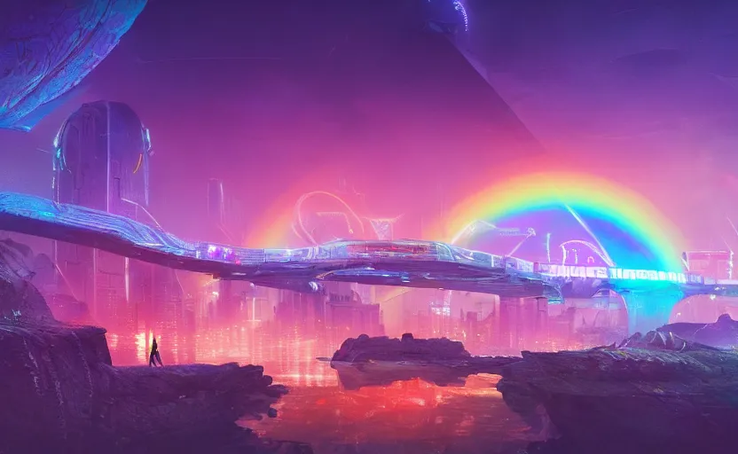 Image similar to A landscape with a giant rainbow bridge, magical, cyberpunk, glowing runes, technology, Low level, rendered by Beeple, Makoto Shinkai, syd meade, simon stålenhag, environment concept, synthwave style, digital art, unreal engine, WLOP, trending on artstation, 4K UHD image, octane render,