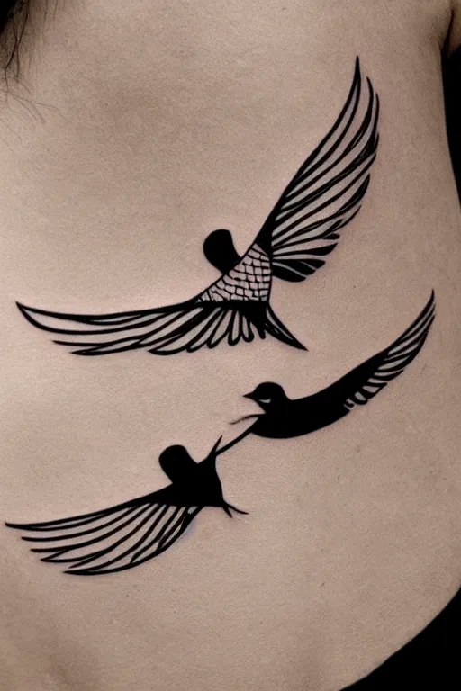 Image similar to a simple tattoo design of minimalist swallows flying into geometric lines and simple basic shapes, black ink, abstract logo, line art