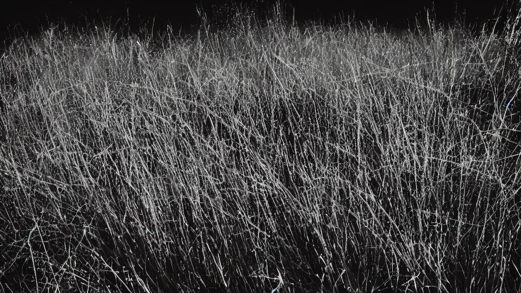 Prompt: washes of color. contrast of light and dark. cosmic polaroid. It is dark all around. The wind and torchlight make dramatic whorls of shadow and light as you as you weave among the grass; blinding silver, viridescent at shoulder height, at play. spangled night time photography.