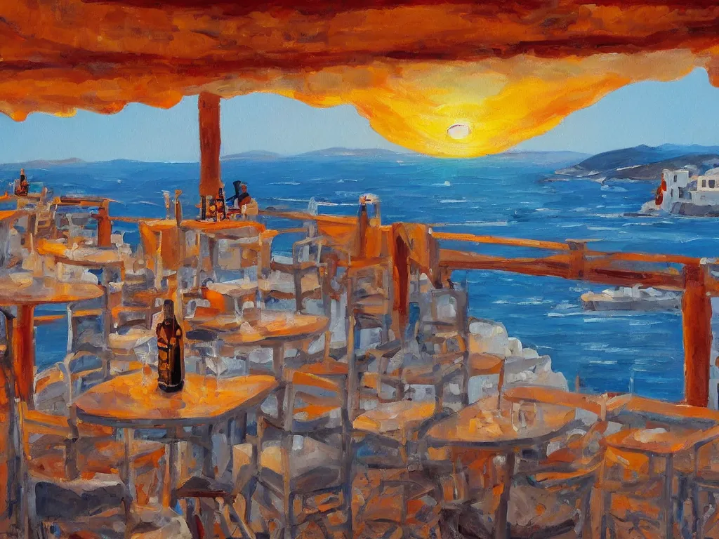 Prompt: an oil painting of a beautiful sunset overlooking the mediterranean from buddha bar in mykonos, background of millions of normal curves