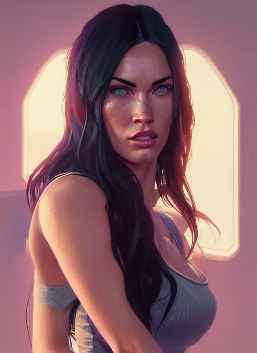 Image similar to highly detailed portrait of megan fox in gta v, stephen bliss, unreal engine, greg rutkowski, loish, rhads, beeple, makoto shinkai and lois van baarle, ilya kuvshinov, rossdraws, tom bagshaw, alphonse mucha, global illumination, god rays, detailed and intricate environment