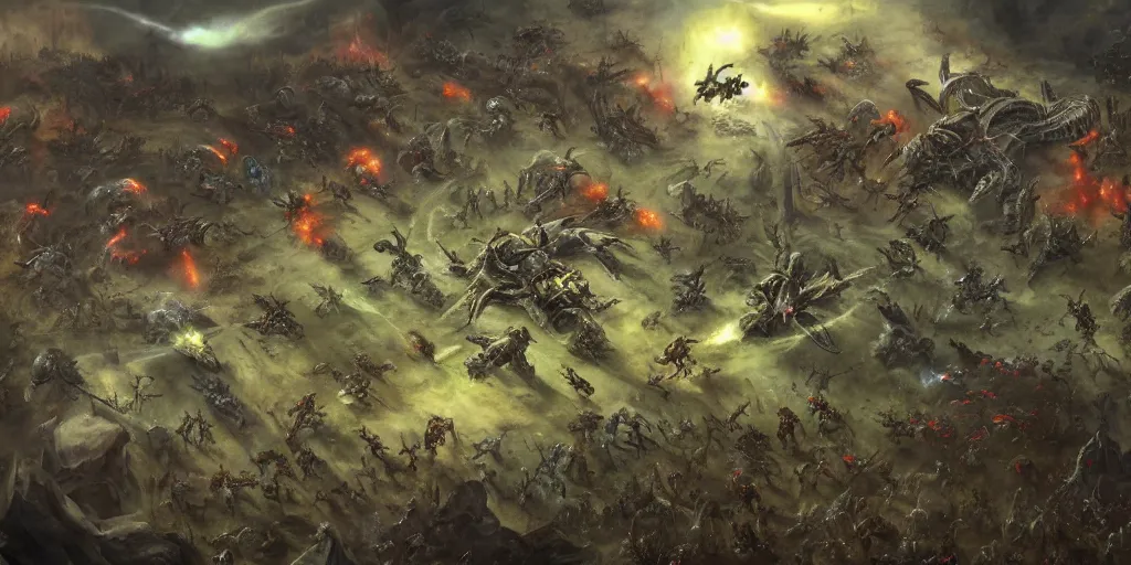 Image similar to Starcraft gameplay in style of Hieronymus Bosch paintings, painting, gameplay, high detailed, dark fantasy, dark tones, buildings, armored units, red flags, cavalry,RPG, high detailed, contrast, octane render,mill, farm, creative