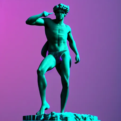 Image similar to unreal engine octane render houdini hyperreallistic render 8k marble statue of hercules vaporwave blue and pink neon background