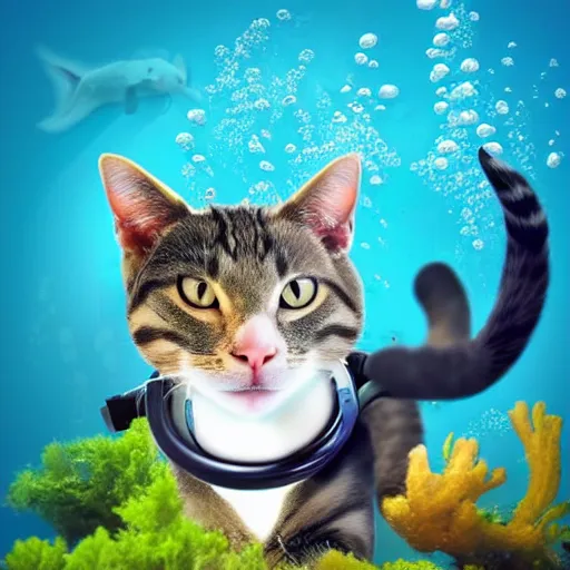 Prompt: a cat scuba diver, ears and tail and flippers, mystical undersea atmosphere, realistic