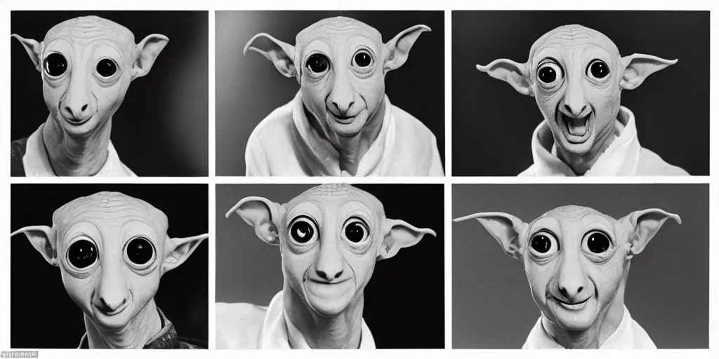 Image similar to six eyed dobby coneheads 1980s pop band, 1980s surrealism aesthetic, detailed facial expressions