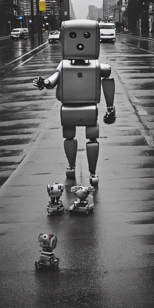 Image similar to robot on the road, city, photo, rain,