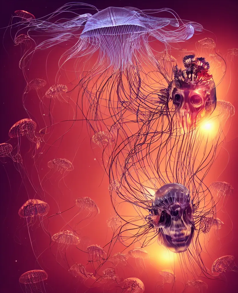 Image similar to close-up portrait of the face of a beautiful princess in a twisted flowers jellyfish mask in a spaceman suit surrounded by energy flow, epic angle and pose, symmetrical artwork, 3d with depth of field, blurred background, floating jellyfish skull phoenix bird, translucent, nautilus, energy flows of water and fire. a highly detailed epic cinematic concept art CG render. made in Maya, Blender and Photoshop, octane render, excellent composition, cinematic dystopian brutalist atmosphere, dynamic dramatic cinematic lighting, aesthetic, very inspirational, arthouse. y Greg Rutkowski, Ilya Kuvshinov, WLOP, Stanley Artgerm Lau, Ruan Jia and Fenghua Zhong