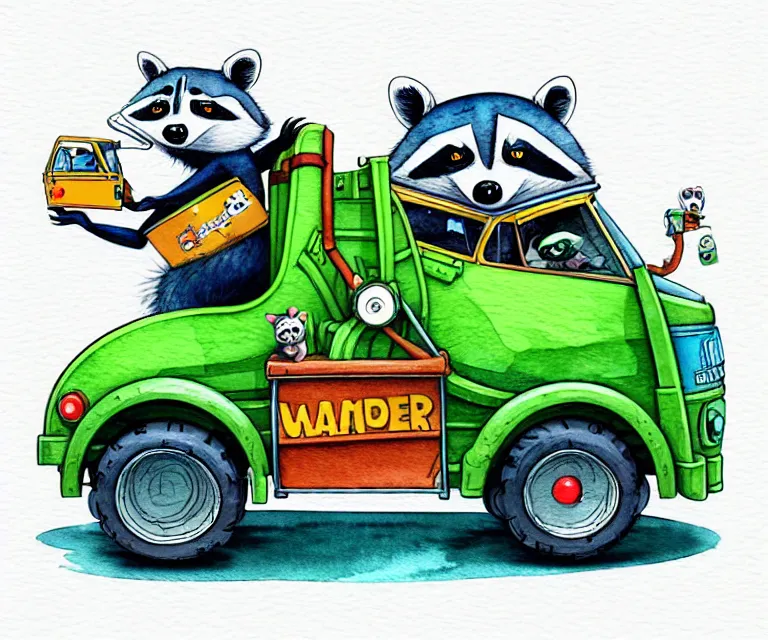 Image similar to cute and funny, racoon wearing goggles driving a tiny garbage truck, ratfink style by ed roth, centered award winning watercolor pen illustration, isometric illustration by chihiro iwasaki, edited by craola, tiny details by artgerm and watercolor girl, symmetrically isometrically centered