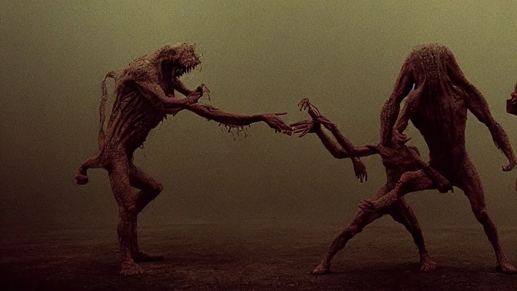 Prompt: the strange creature, made of milk and wax, they fight me, film still from the movie directed by denis villeneuve and david cronenberg with art direction by salvador dali and zdzisław beksinski, wide lens