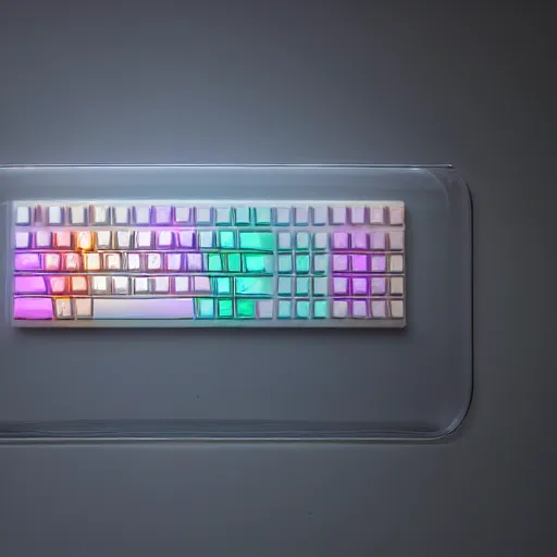 Image similar to an ultra high definition professional studio quality photograph of a transparent iridescent perspex pastel coloured keyboard on white coat hook in an empty white room. dramatic lighting, ray tracing, refraction, shallow d. o. f, colour corrected, golden ratio, three point light. volumetric shadows. god rays.