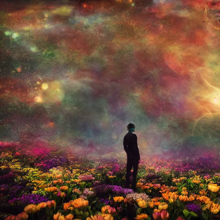 Image similar to a planet of various flowers, fungus and plants, in which the singular human figure is dressed in something magical and impressive, inside the picture is infinity, sunset light, Atmospheric phenomenon, artistic photography, muted colors, conceptual, long exposure outside the city, volumetric light