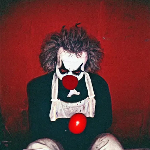 Prompt: dystopian grunge disposable camera photo of a sad clown | horror | nightmare