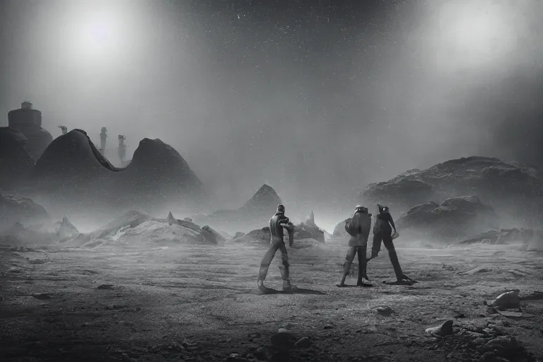 Image similar to landscape photography alien dust with a sandstorm and huge futuristic grungy industrial buildings. distant planets and galaxies in the starry space skyline. men standing and working around the area. huge sense of scale. cinematic