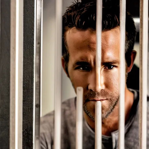 Image similar to photo of Ryan Reynolds in jail, looking sad, highly detailed, high quality, HD, 4k, 8k, Canon 300mm, professional photographer, 40mp, lifelike, top-rated, award winning, realistic, sharp, no blur, edited, corrected, trending