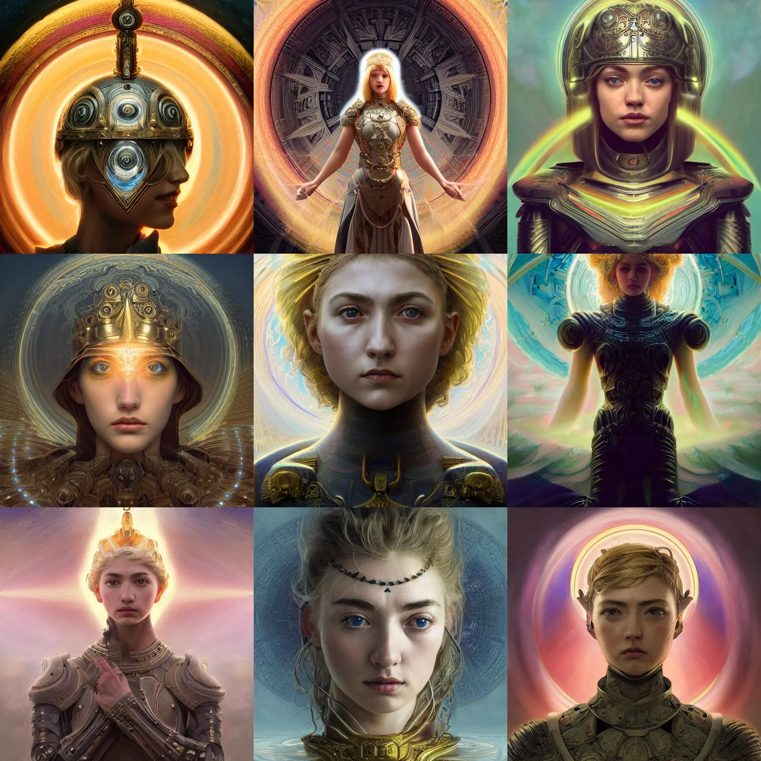 Prompt: masterpiece head-on symmetrical centered painted portrait, Imogen Poots as a holy warrior, blonde hair, holy light halo, glorious, sacred geometry fractal background, wearing full metal armour, elegant, distant, in the style of Edgar Maxence and Ross Tran and Zdzisław Beksiński and Michael Whelan and Mucha, 8k, octane render