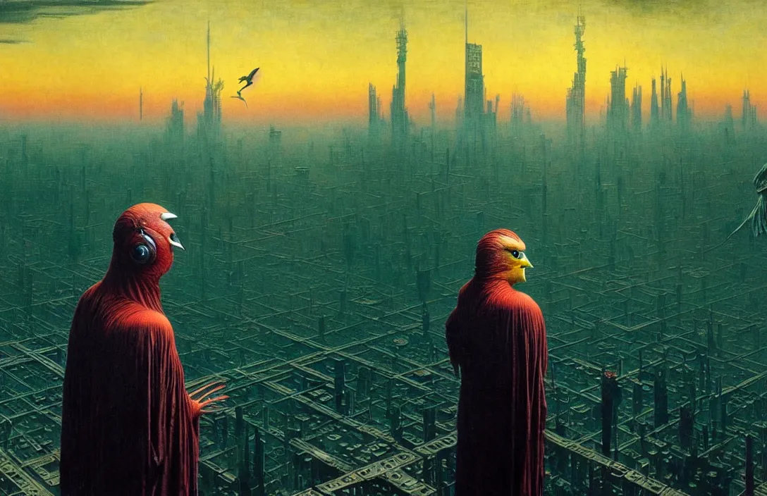 Image similar to realistic detailed portrait movie shot of a birdman in dark ragged robes, futuristic city sunset landscape background by denis villeneuve, amano, yves tanguy, alphonse mucha, ernst haeckel, max ernst, roger dean, masterpiece, rich moody colours, blue eyes, hyperdetailed