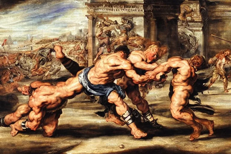 Prompt: a realistic painting of two gladiators fighting each other inside the colosseum, hot weather, brutal fight, extreme detail, action pose Peter Paul Rubens