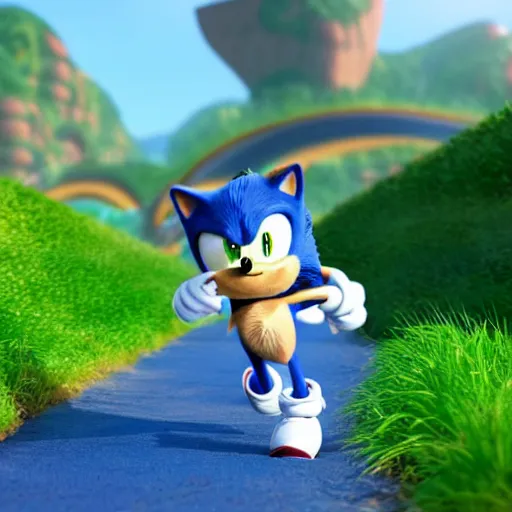 Image similar to A Still of Sonic the Hedgehog in an animated Disney Pixar movie running through Green Hill Zone, 35mm f2.8, 4k, artstation, PBR materials, Pixar renderman render