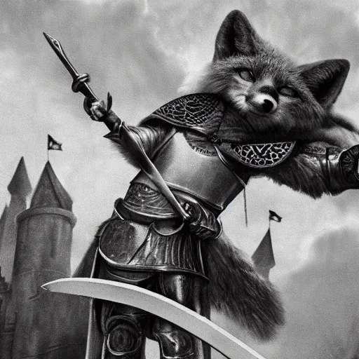 Image similar to anthropomorphic fox who is a medieval knight holding a sword towards a stormy thundercloud 1 9 3 0 s film still, fantasy castle in the background