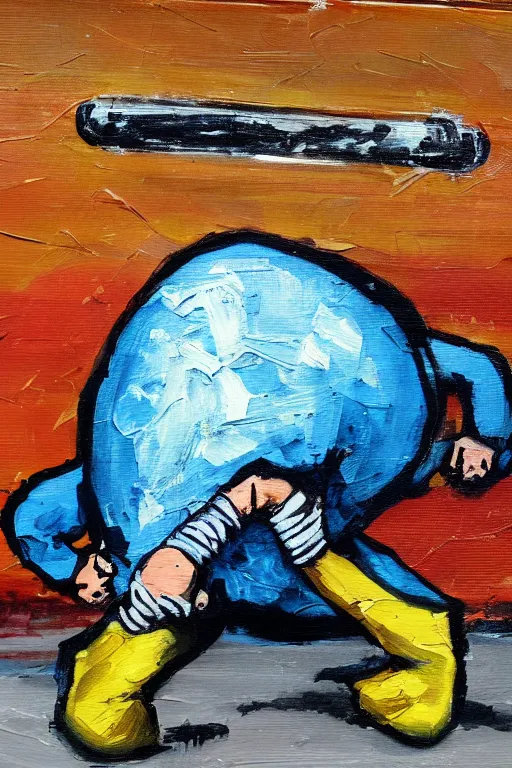 Image similar to a painting of a rock doing a breakdance while singing in front of a stage