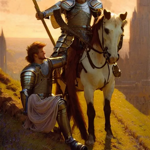 Image similar to attractive arthur pendragon and his favourite attractive male knight, they are in love, camelot, natural lighting, path traced, highly detailed, high quality, digital painting, by gaston bussiere and ross tran and j. c. leyendecker and alphonse mucha