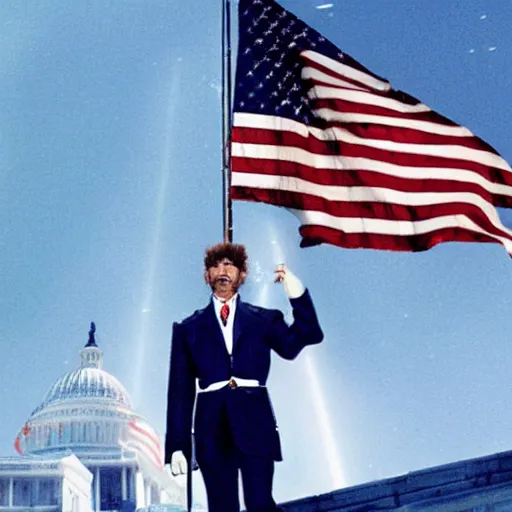 Prompt: Homelander storming the capitol lasers the american flag, movie screencap