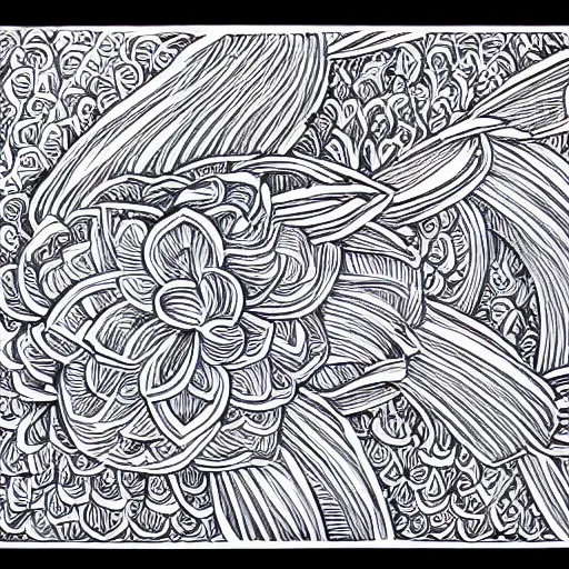 Image similar to single line drawing of an intricate carved woodwork, blue ink pen