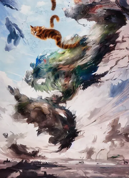 Image similar to surreal gouache gesture painting, by yoshitaka amano, by ruan jia, by Conrad roset, by dofus online artists, detailed anime 3d render of cats fighting,cats, felines, meow, cats, portrait, cgsociety, artstation, rococo mechanical, Digital reality, sf5 ink style, dieselpunk atmosphere, gesture drawn