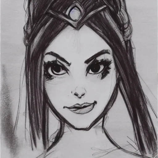 Image similar to milt kahl sketch of victoria justice with done up hair, tendrils covering face and ponytail as princess padme from star wars episode 3